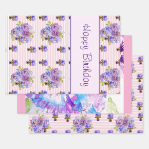 Pansy Flower Pink Stripe floral Happy Birthday Wrapping Paper Sheet