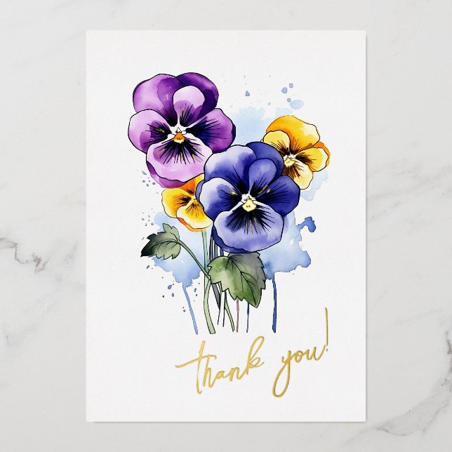 Pansy Flower "Thank you!" Editable Foil Holiday Card (Front)