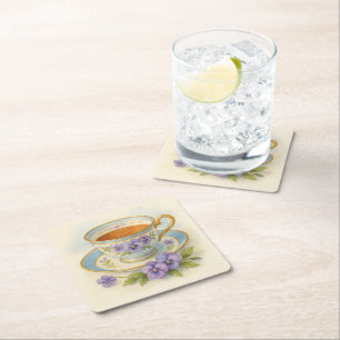 Pansy Flowers Cup & Saucer Tea Time Square Paper Coaster