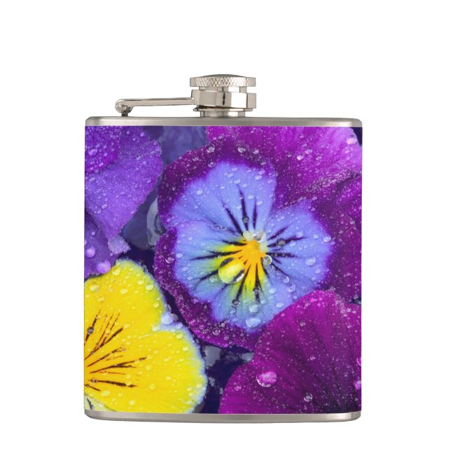 Pansy flowers floating in bird bath with dew 2 hip flask (Front)