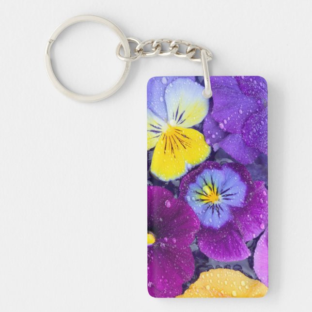 Pansy flowers floating in bird bath with dew 2 key ring (Front)