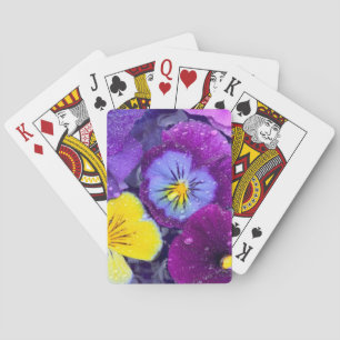 Pansy flowers floating in bird bath with dew 2 playing cards