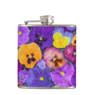 Pansy flowers floating in bird bath with dew hip flask