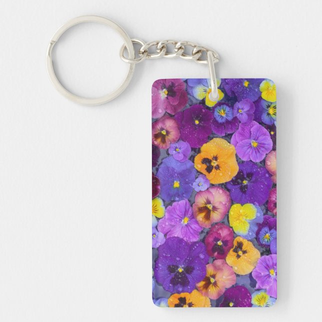 Pansy flowers floating in bird bath with dew key ring (Front)