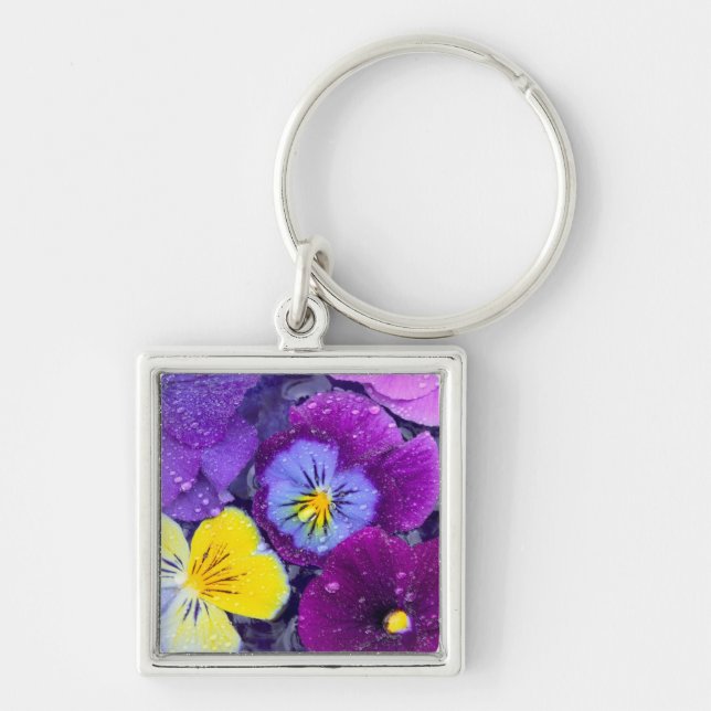Pansy flowers floating in bird bath with dew key ring (Front)