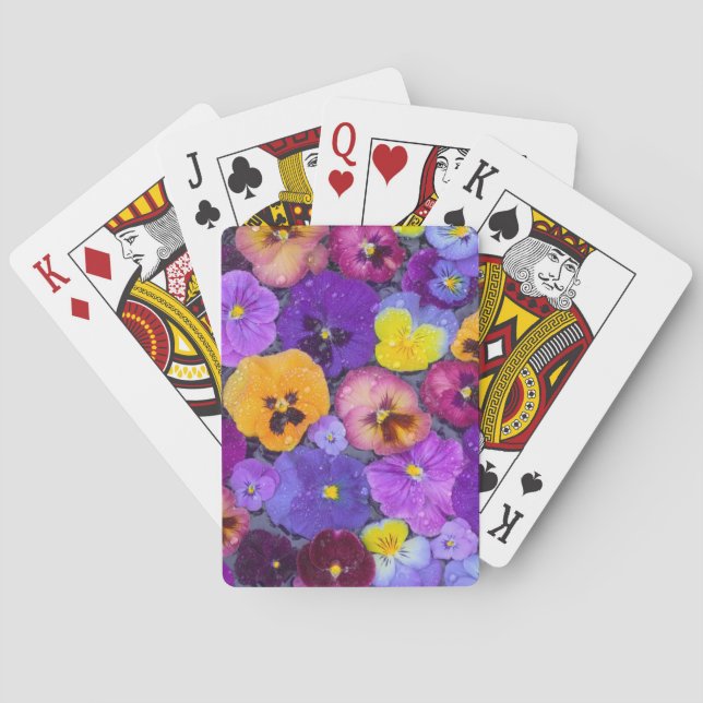 Pansy flowers floating in bird bath with dew playing cards (Back)