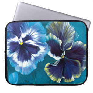 Pansy flowers floral painting aqua blue laptop sleeve