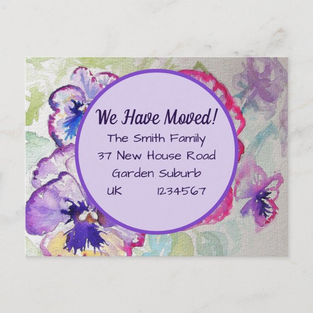 Pansy Flowers New Address Postcard, We Are Moving Postcard (Front)
