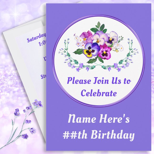 Pansy Invitations, Pretty Birthday Invitations (Purple, Pansy Invitations. Personalized, Birthday Invitations with Photo. Custom, Pansies Birthday.)