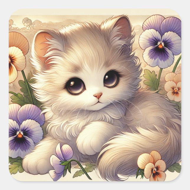 Pansy Kitten Square Sticker (Front)