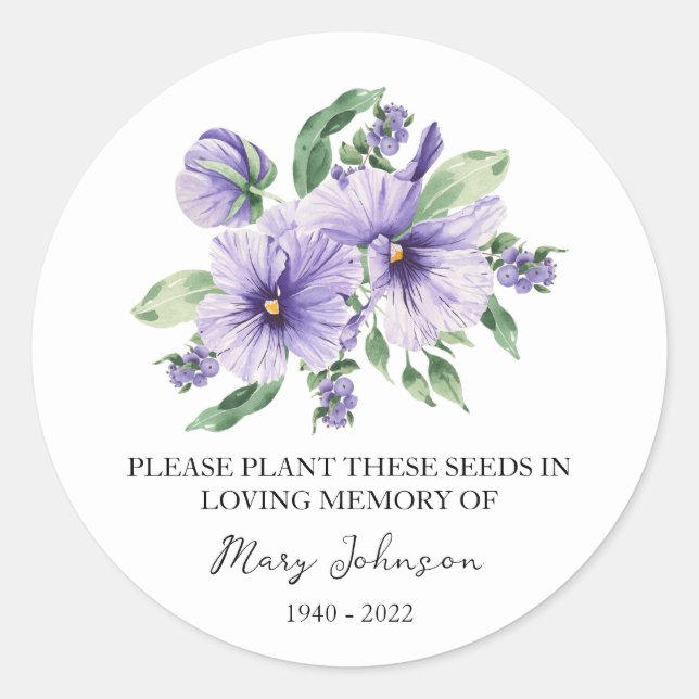 Pansy Memorial Funeral Seed Packet Classic Round Sticker (Front)