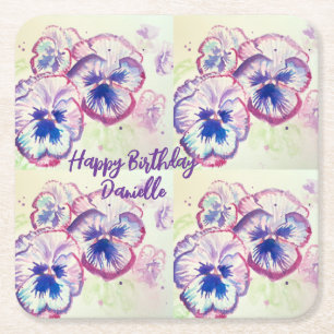 Pansy Pansies Purple Flower Floral Pink Square Paper Coaster