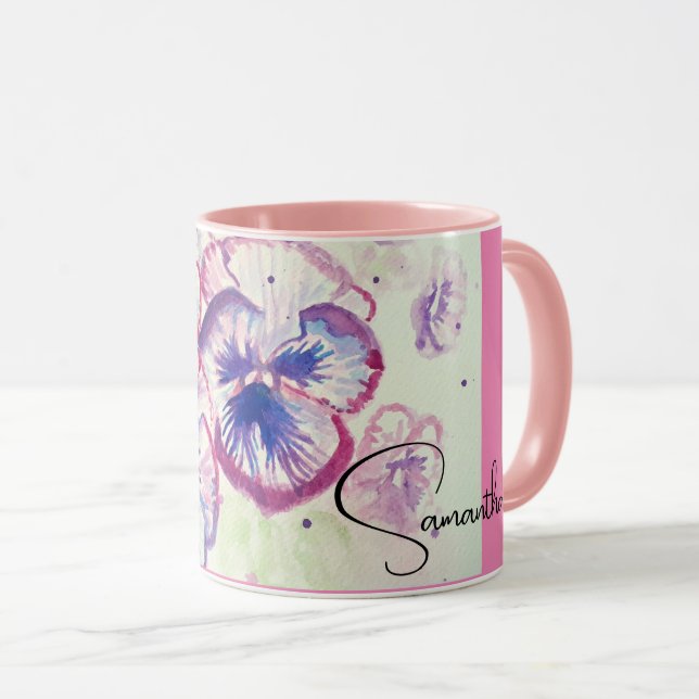 Pansy Pansies Purple Watercolor Flower Floral Pink Mug (Front Right)