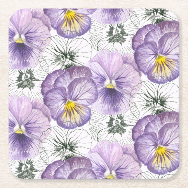 Pansy pattern square paper coaster (Front)