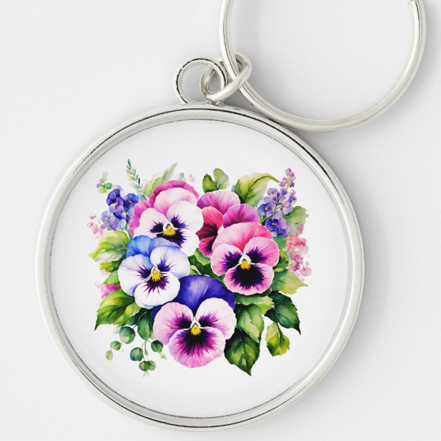 Pansy Perfection: Waterproof Silver Keychain  (Front)