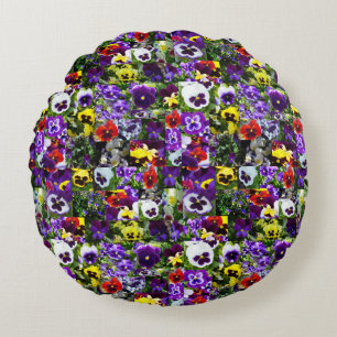 Pansy Photo Collage: Kaleidoscope of Floral Beauty Round Cushion