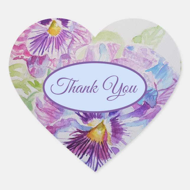 Pansy Purple Flower floral Thank You Pattern Heart Sticker (Front)