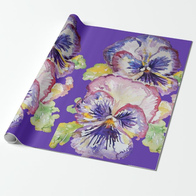 Pansy Purple Spring flowers floral Watercolor Wrapping Paper (Unrolled)