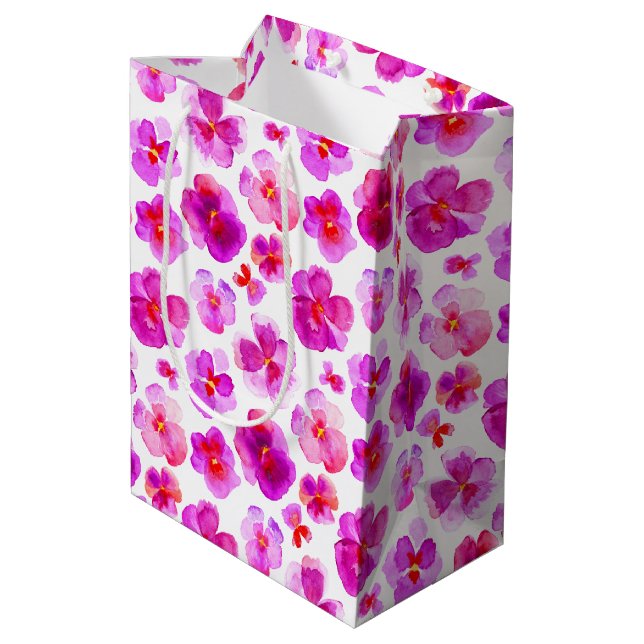 Pansy viola pink white watercolor art gift bag (Back Angled)