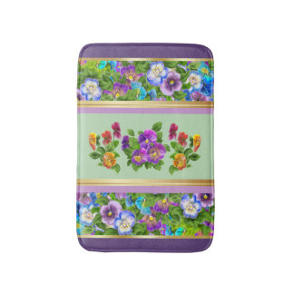 Pansy Violet Flowers Watercolor Floral Cottage Bath Mat