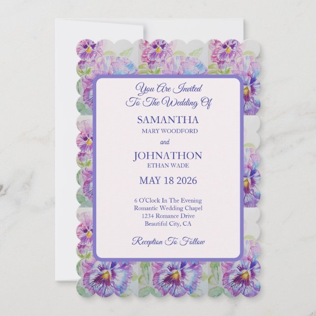 Pansy Watercolor Flower Floral Wedding Invitation (Front)