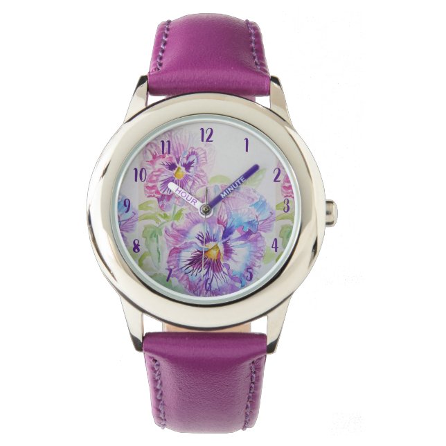 Pansy Watercolor Painting Purple art Flower Floral Watch (Front)