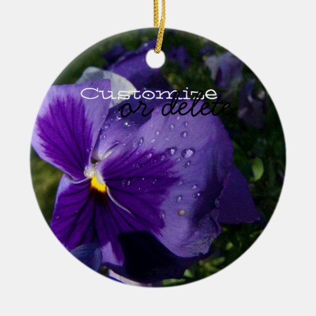 Pansy with Water Droplets; Customisable Ceramic Ornament (Front)