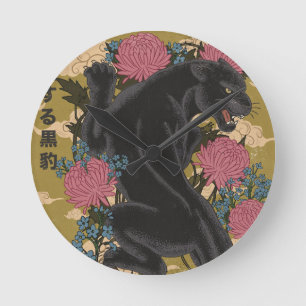 Panther Among the Flowers  Round Clock