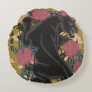 Panther Among the Flowers  Round Cushion