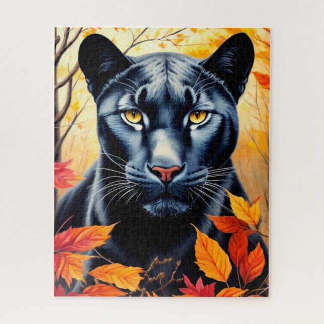 Panther Cat Autumn Leaves Art Jigsaw Puzzle (Vertical)
