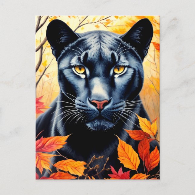Panther Cat Autumn Leaves Art Postcard (Front)