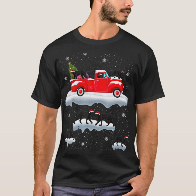 Panther Driving Christmas Tree Red Truck Panther C T-Shirt (Front)