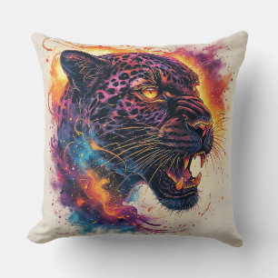 Panther Portrait with Abstract Fiery Elements Cushion