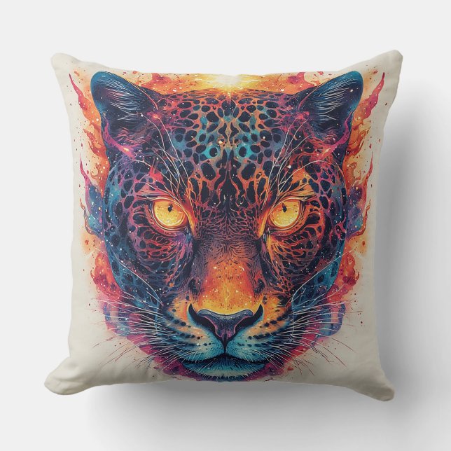 Panther Portrait with Abstract Fiery Elements Cushion (Front)