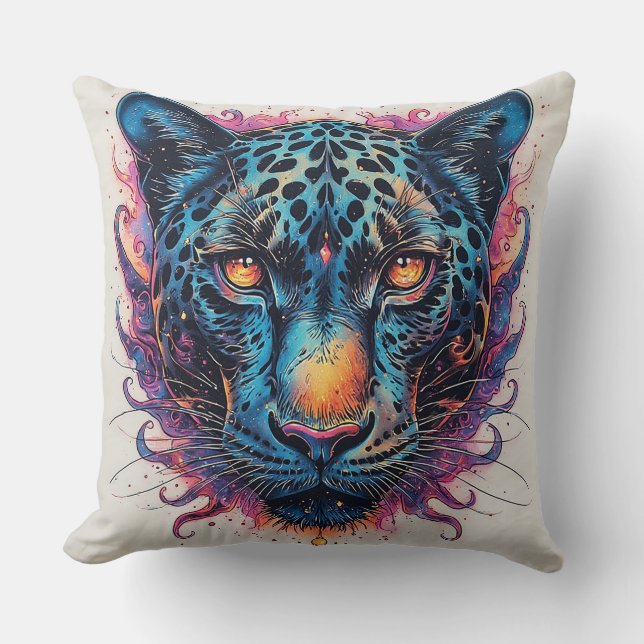 Panther Portrait with Abstract Fiery Elements Cushion (Front)