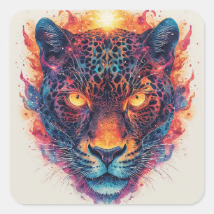 Panther Portrait with Abstract Fiery Elements Square Sticker