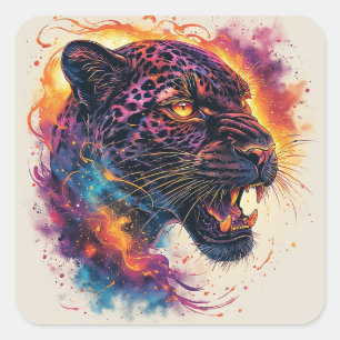 Panther Portrait with Abstract Fiery Elements Square Sticker