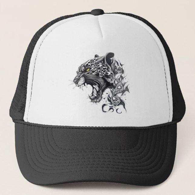 Panther Wild Animal Nature Illustration Art Tattoo Trucker Hat (Front)