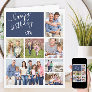 Papa 7 Photo Collage Blue Personalised Birthday Card