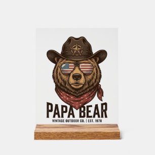 Papa Bear Cowboy Bear Patriotic Vintage Vector Des Acrylic Sign