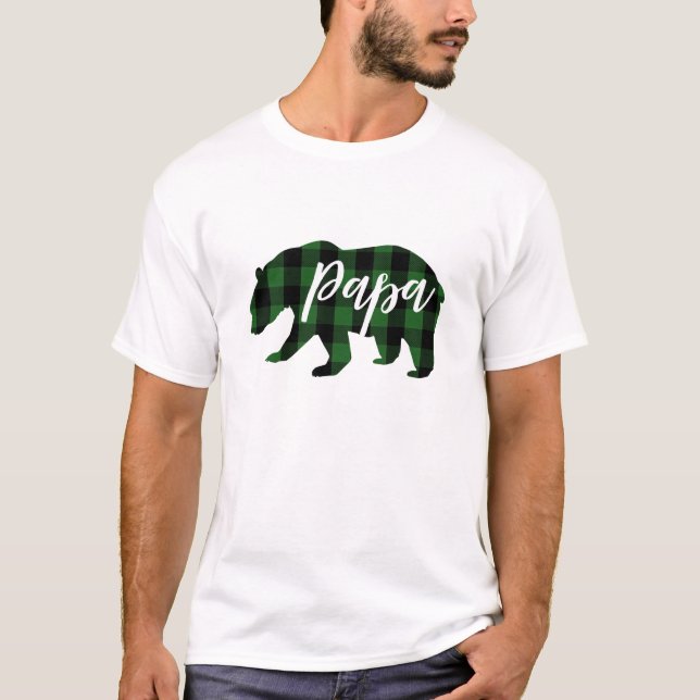 Papa Bear Green Plaid | Script T-Shirt (Front)