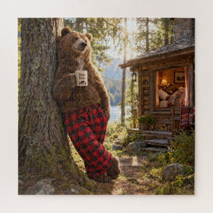 Papa Bear Relaxing in Woods with Coffee Jigsaw Puzzle