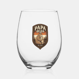 Papa Bear Vintage Engraving Bear Shirt Design_1 Stemless Wine Glass