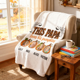 Papa's Little Pumpkins 4 Grandkid Photo Halloween Fleece Blanket