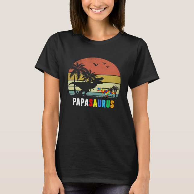 Papasaurus Autism Awareness Dad Papa Dinosaur Fath T-Shirt (Front)