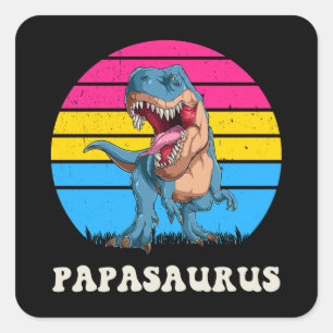 Papasaurus Funny Dinosaur on Pansexual Flag Sunset Square Sticker