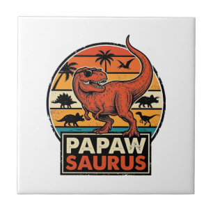 Papawsaurus Retro Dinosaur Sunset Vector Design_1 Ceramic Tile