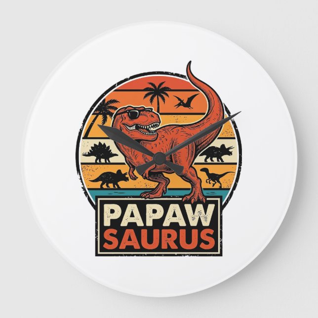 Papawsaurus Retro Dinosaur Sunset Vector Design_1 Large Clock (Front)