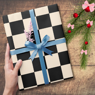 Papaya and Black Chequered Chequerboard Vintage Wrapping Paper