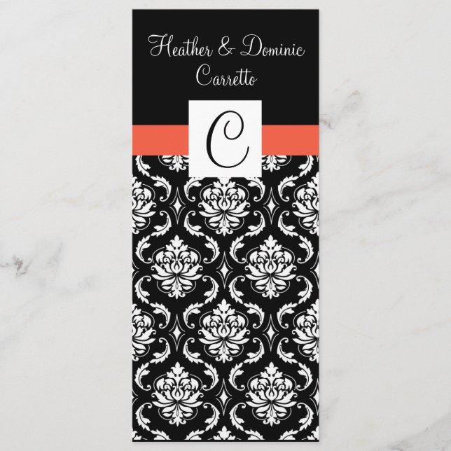 Papaya Monogram Damask Wedding Menu (Front)